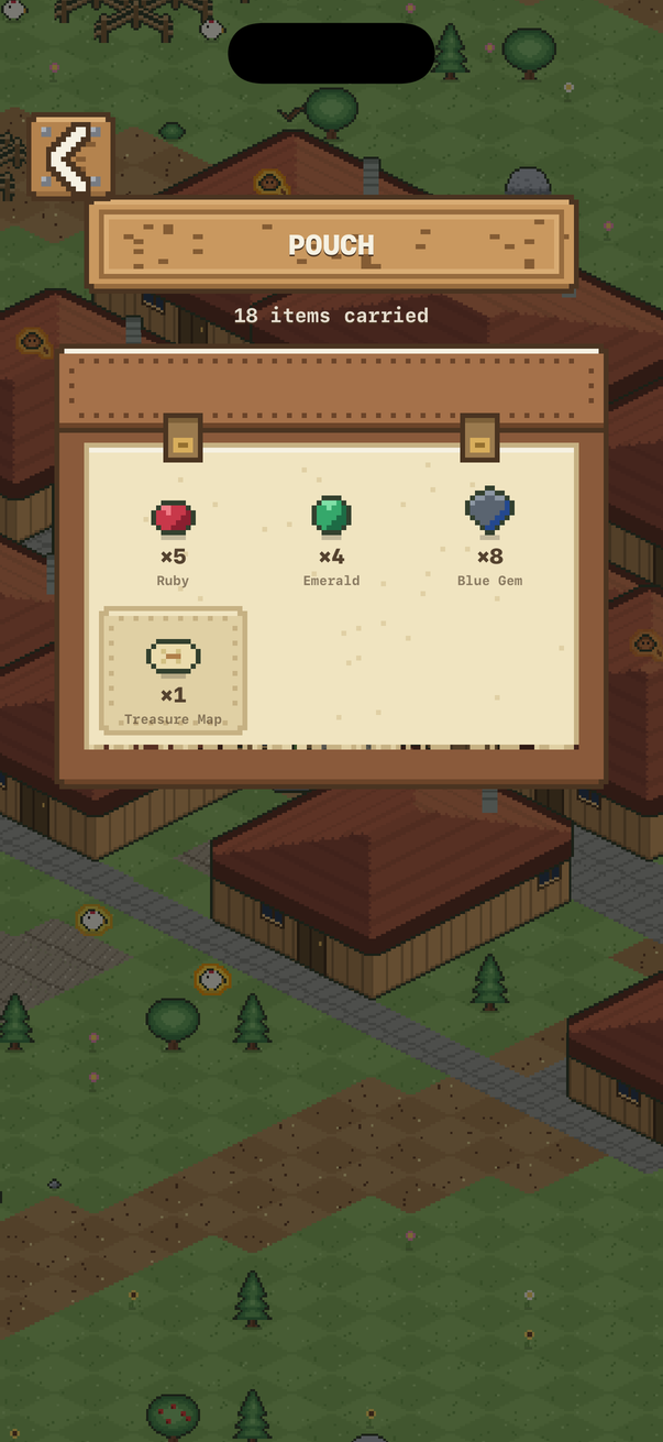 The pouch showing gems and a treasure map