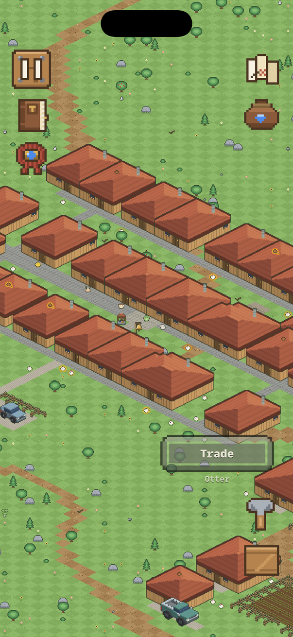 A town with red roofs, a road, and a trade prompt