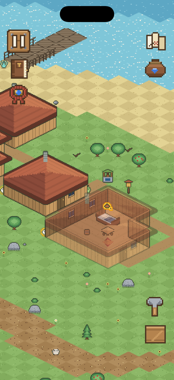 A cozy village with a cutaway house interior